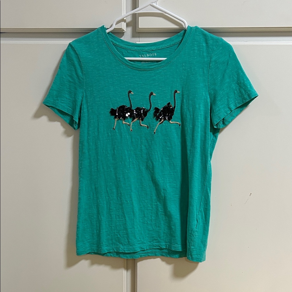 Talbots Teal Cotton Tee with Ostrich Sequins Embroidery XS